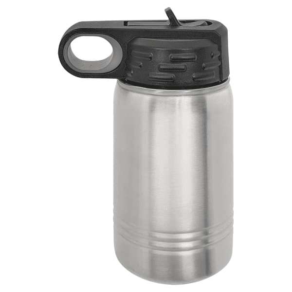 Durable stainless steel water bottle with black lid, perfect for outdoor use and keeps drinks cold or hot.
