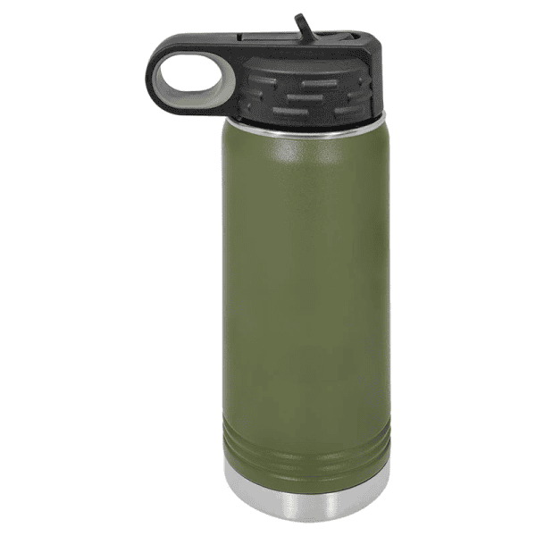 Durable olive green stainless steel water bottle with black lid.