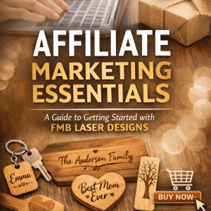 Custom laser-engraved gift box with personalized tags for affiliate marketing e-book.