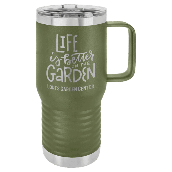Coated stainless steel travel tumbler with handle.