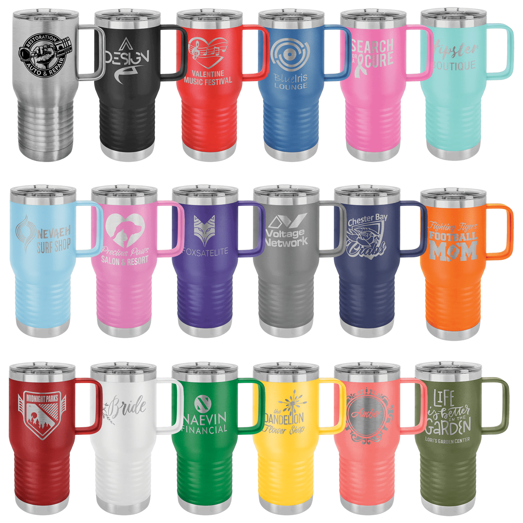 Custom engraved travel tumbler with handle.
