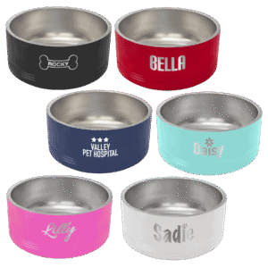 Insulated stainless steel pet bowl with customizable designs for pets.