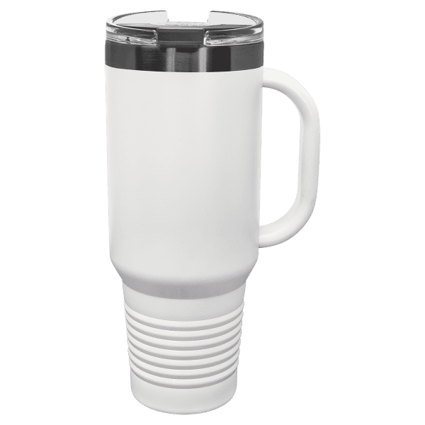 White 40 oz. travel mug with handle, straw, and custom laser engraving.