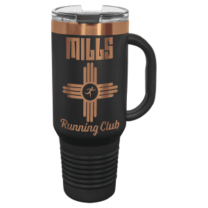 Engraved 40oz tumbler with handle, straw, and copper-ion finish for personalized use.