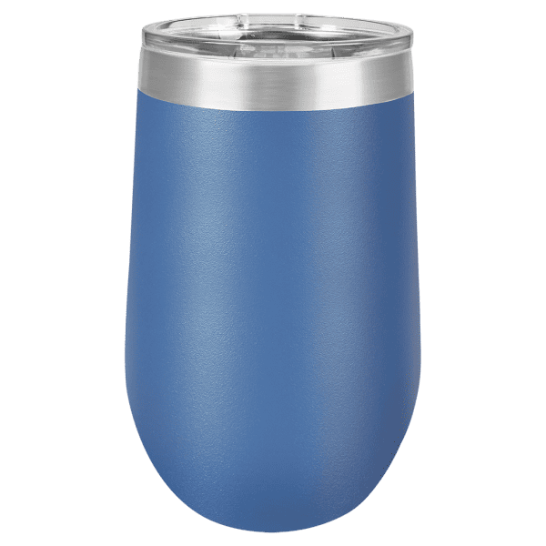 Custom engraved blue stainless steel tumbler for drinks, ideal for personalization and gift ideas.