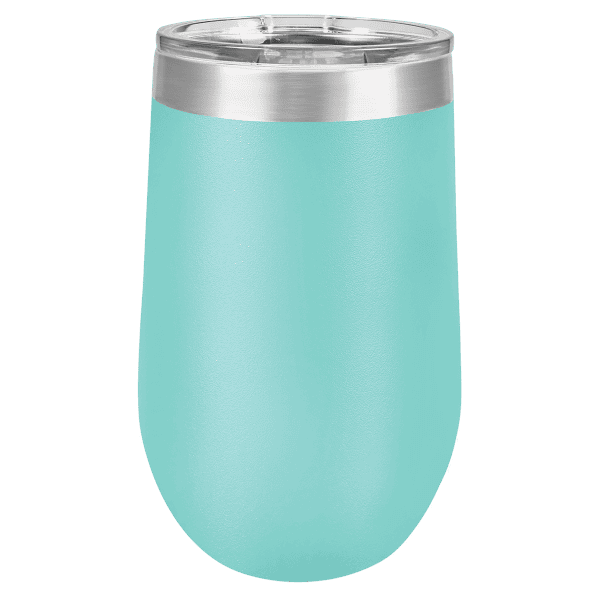 Turquoise insulated tumbler with stainless steel rim, perfect for keeping drinks hot or cold.