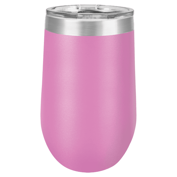 Custom engraved pink stainless steel tumbler with laser-etched designs. Perfect for personalized gifts and promotional items.