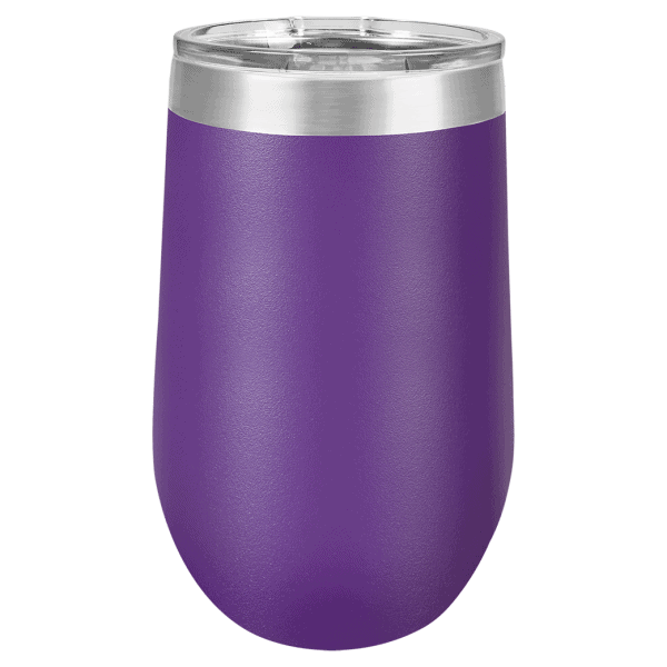 Custom engraved purple insulated tumbler for hot and cold beverages. Perfect for personalized gifts and promotional branding.