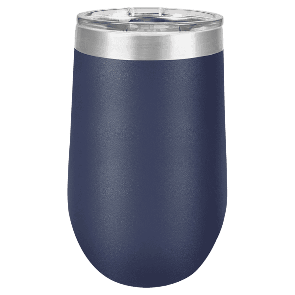High-quality engraved custom drink tumbler with a navy blue finish and stainless steel accents.