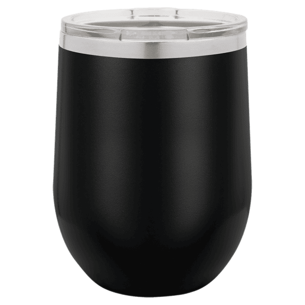 Stainless steel black tumbler with custom laser-engraved designs, perfect for personalized gifts.