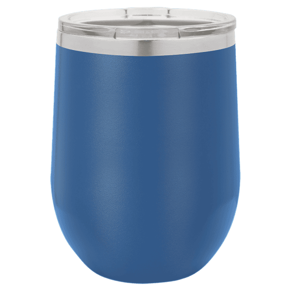 Custom engraved blue tumbler with clear lid, perfect for personalized laser design projects and promotional drinkware.