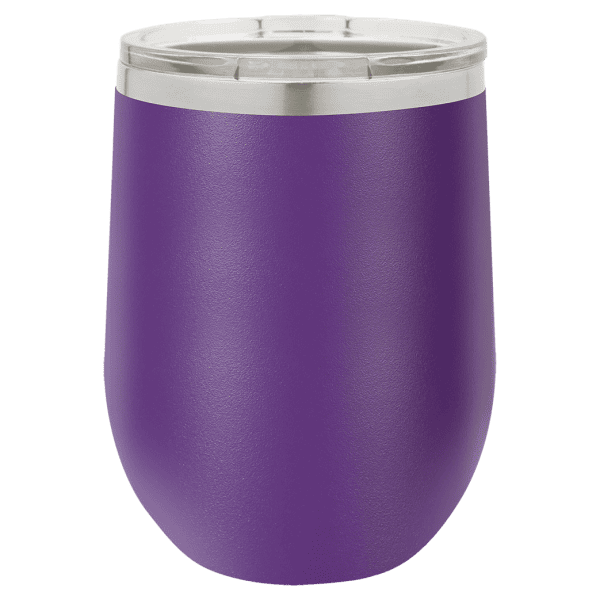 Custom purple tumbler with laser-engraved designs, perfect for personalized gifts and branding.