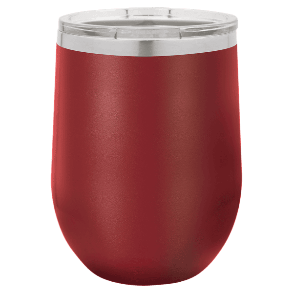 Red insulated wine tumbler with custom laser engraving for personalized wine and beverage accessories.