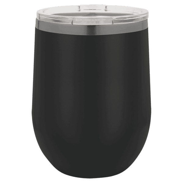 Custom engraved black stainless steel tumbler with clear lid, ideal for personalized drinkware.