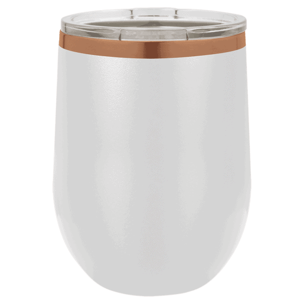 Customized laser-engraved tumbler with white finish and copper accents, perfect for personalized gifts and branding.