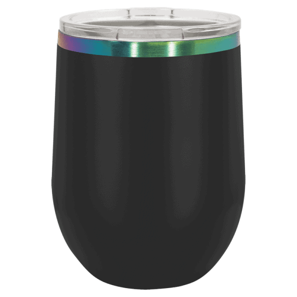 Black tumbler with rainbow accent band and clear lid, customized with laser engraving for personalized gifts.