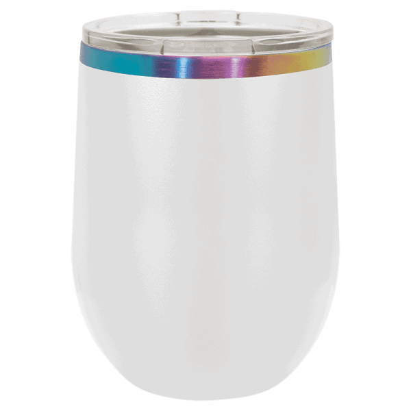 Laser engraved personalized tumbler with iridescent rim, perfect for gifts or branding.