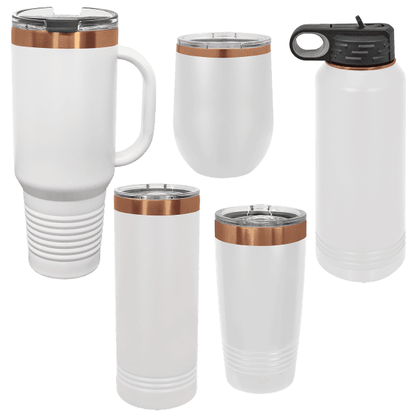 Unique engraved acrylic drinkware with copper accents, perfect for personalized gifts or branding.