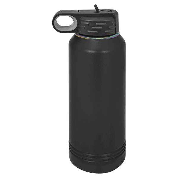 Stainless steel black water bottle with leak-proof lid, perfect for hiking and sports hydration.