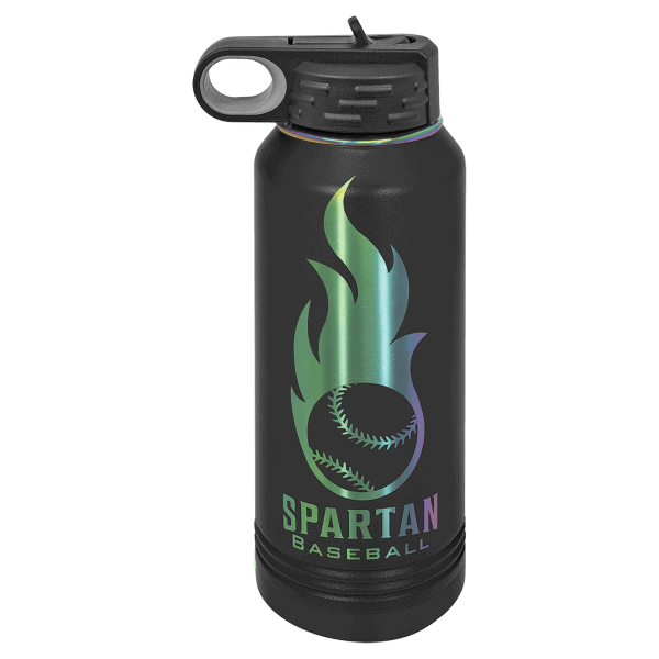 Holographic Spartan Baseball logo on black insulated water bottle.