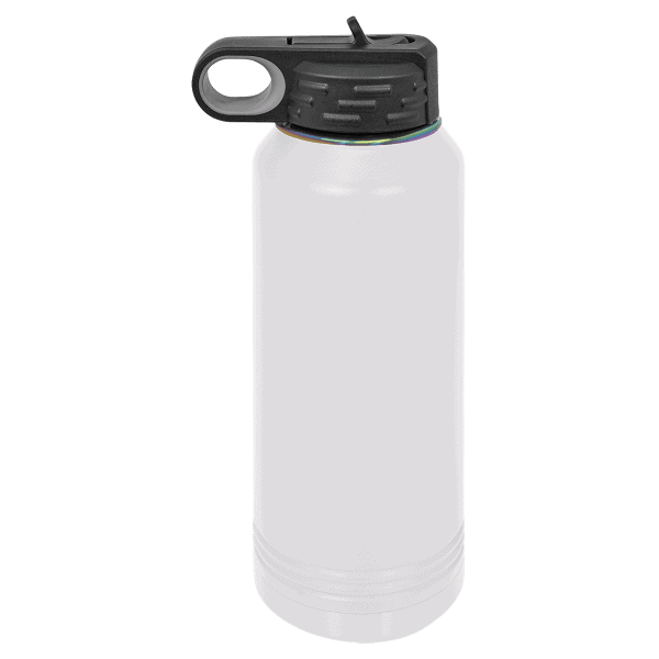 Custom engraved water bottle with black lid, ideal for personalized gifts or promotional items.