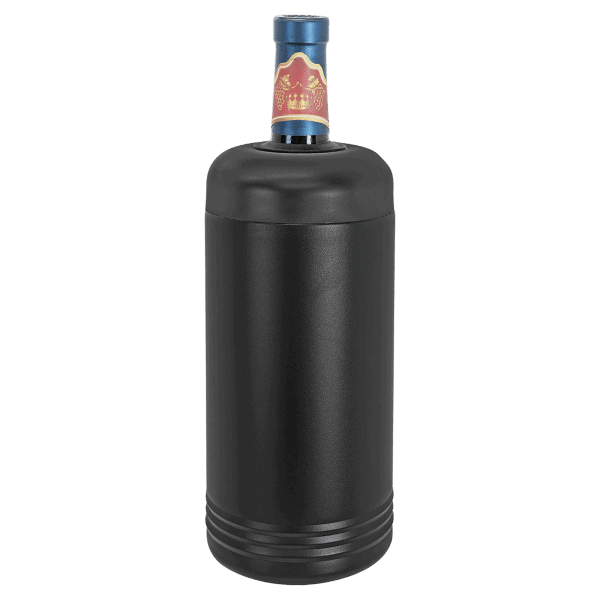 Black vacuum-insulated stainless steel wine chiller with custom engraving.