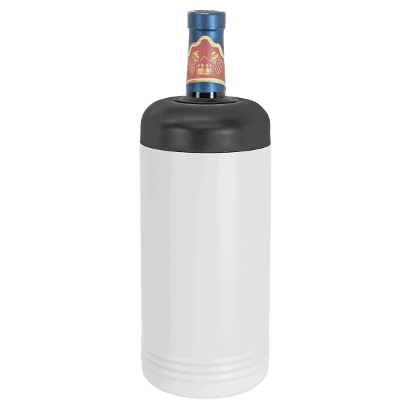 Vacuum insulated stainless steel wine bottle chiller with custom engraving.