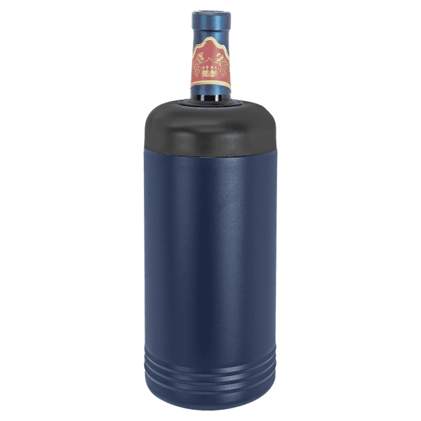 Vacuum insulated stainless steel wine bottle chiller with custom engraving.