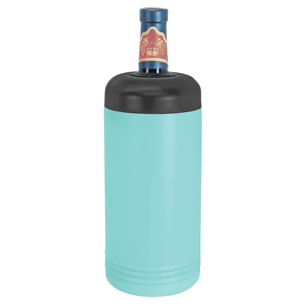 Vacuum insulated stainless steel wine bottle chiller with custom engraving.