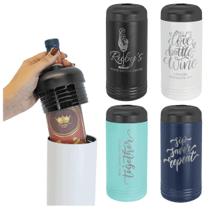Custom engraved stainless steel wine bottle chiller with vacuum insulation.