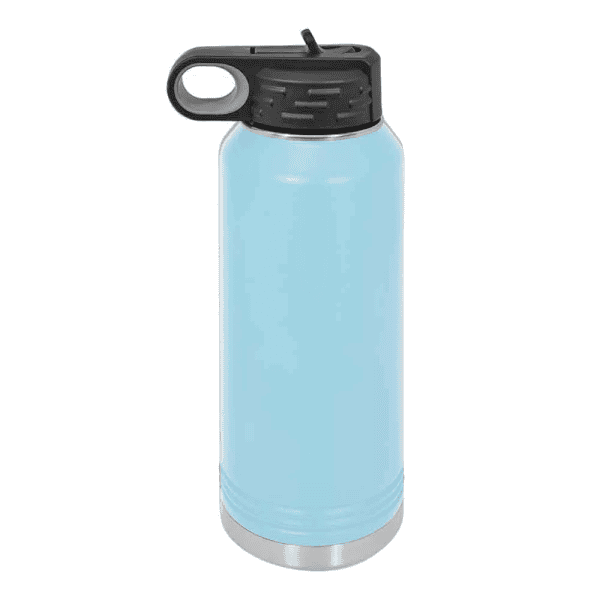 Durable stainless steel water bottle with black lid, ideal for outdoor activities.