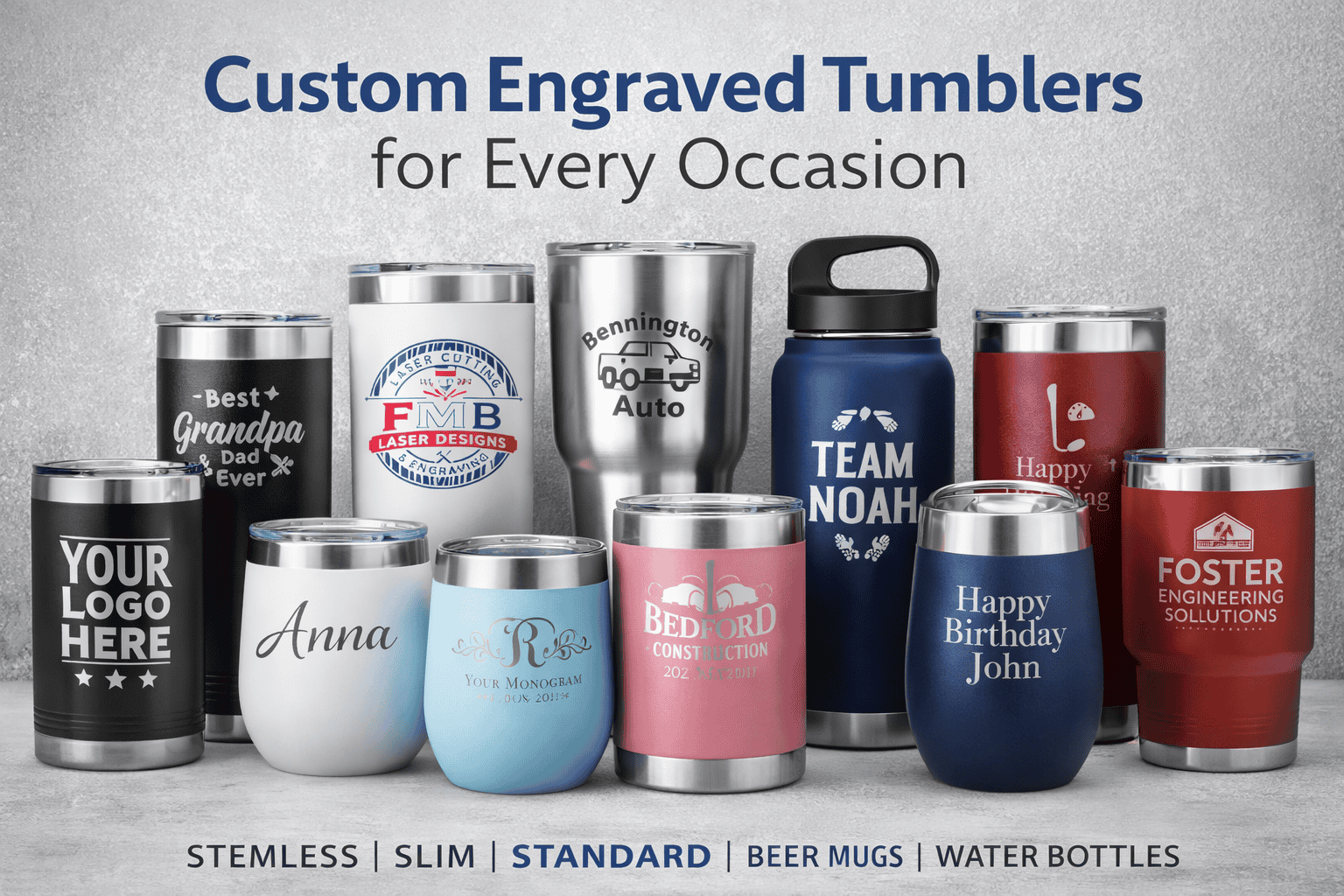 Assorted custom engraved Polar Camel tumblers including coffee tumblers, beer mugs, water bottles, and slim tumblers by FMB Laser Designs