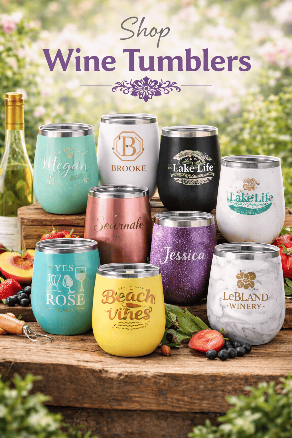 Custom engraved stainless steel wine tumblers displayed in assorted colors and designs on a rustic outdoor setting