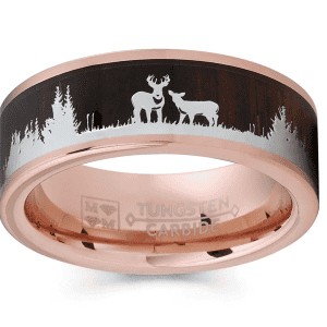 Rose gold tungsten wedding band featuring a deer stag silhouette and wood inlay design. Perfect for.