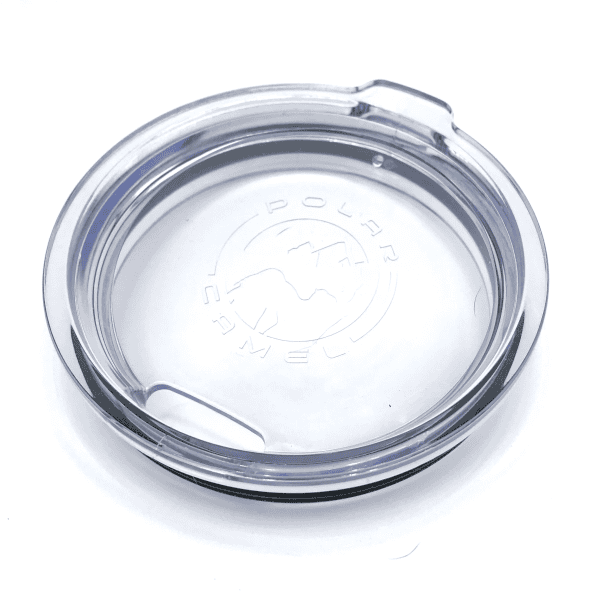 Clear plastic reusable coffee cup lid with logo design.