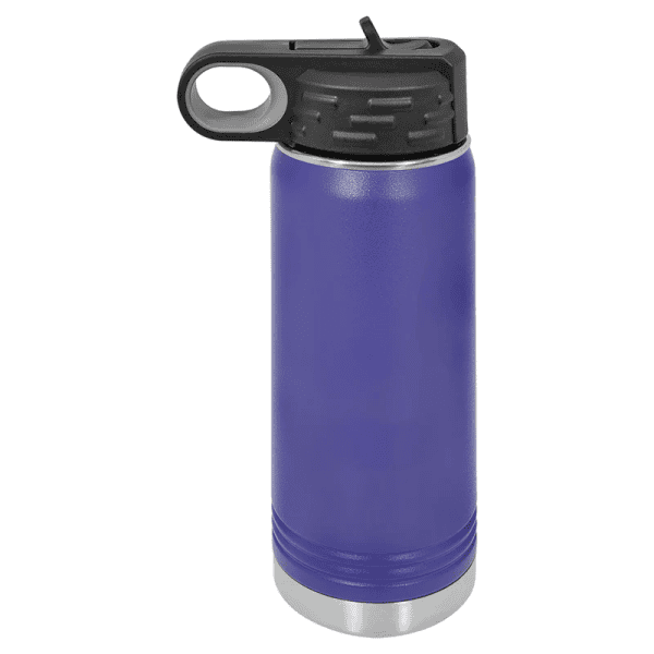 Custom engraved water bottle with laser-etched designs for personalized outdoor or sports use.