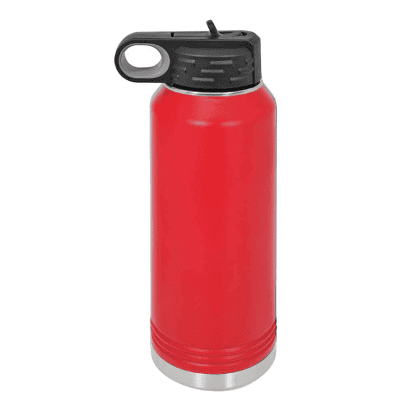 Stainless steel insulated water bottle with black cap for hot and cold drinks.