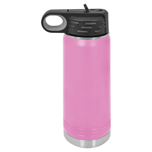 Custom engraved stainless steel water bottle with black lid, perfect for sport and gym.