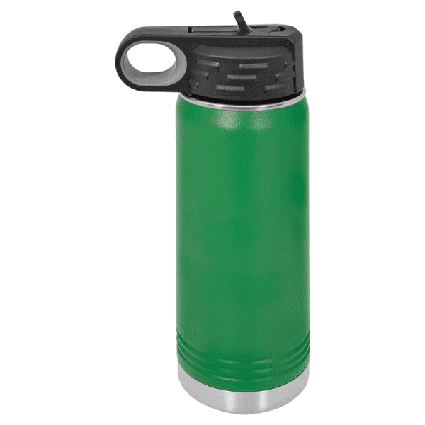 Custom engraved water bottle with laser-etched designs for sports and outdoor activities.