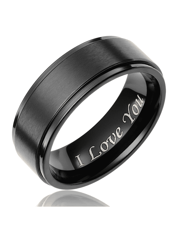 Black men's wedding band with engraved "I Love You" inside for special occasions.