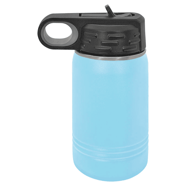 Reusable water bottle with black lid and handle, ideal for hydration on the go.