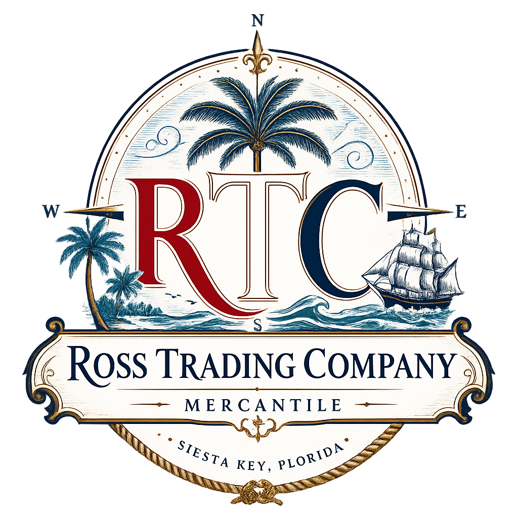 Ross Trading Company nautical logo with RTC monogram, palm trees, compass, sailing ship, and Siesta Key, Florida text.