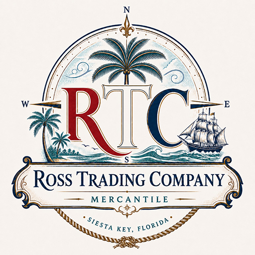 Ross Trading Company nautical logo with RTC monogram, palm trees, compass, sailing ship, and Siesta Key, Florida text.