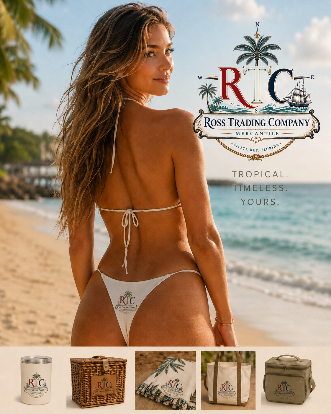 Ross Trading Company beach lifestyle advertisement featuring a woman in a white RTC bikini and branded tropical merchandise.